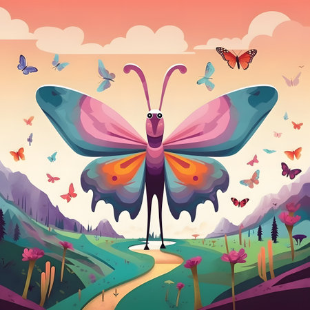 Butterfly in the meadow at sunset. Vector illustration.の素材