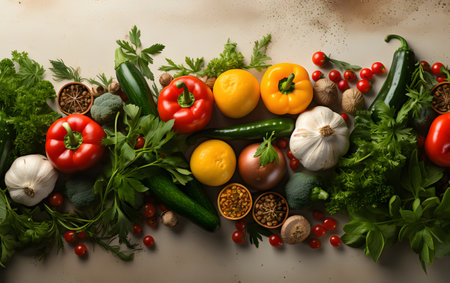 Composition with fresh vegetables and spices on light background, top viewの素材