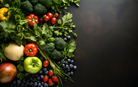 Fresh organic vegetables and fruits on dark background. Healthy food concept.の素材