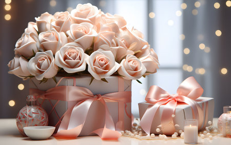 Beautiful bouquet of white roses with gift boxes on the tableの素材