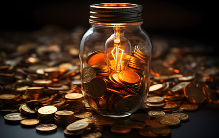 Coins in glass jar with light bulb on dark background. Saving money concept.の素材