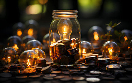 Coins in a glass jar on the background of light bulbs. Saving money concept.の素材