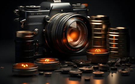 Vintage camera, coins and candles on black background. 3d illustrationの素材