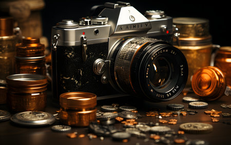 Old camera and coins. Treasure and wealthy concept. 3D Renderingの素材