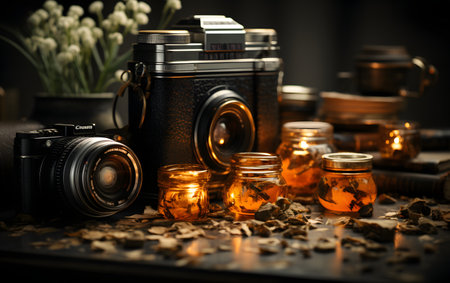 Still life with old camera and glass jar of honey on dark backgroundの素材
