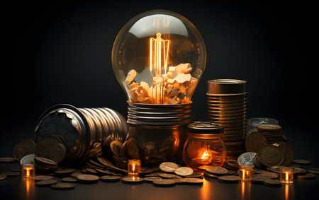 Light bulb and coins on dark background. Business and finance concept.の素材