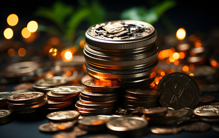 Coins in a pile on a dark background. Business concept.の素材