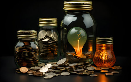 Coins in glass jars and lightbulb on black background. Saving money concept.の素材