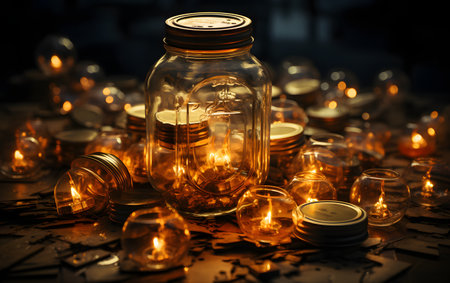 Burning candles in a glass jar on a dark background. Selective focus.の素材