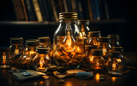 Coffee and tea in a glass jar on a dark backgroundの素材