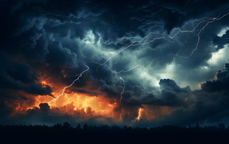 Image of stormy sky with lightning and silhouette of trees at nightの素材