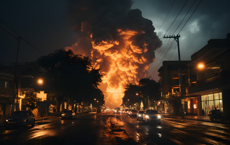 Burning house in the city at night. Fire and smoke.の素材