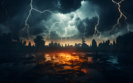Fantasy landscape with stormy sky and lightning. 3d renderingの素材
