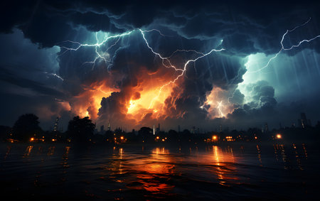 Big thunderstorm over the city at night, natural disaster concept.の素材