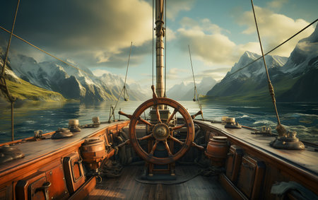 Sailing boat with a steering wheel on the background of the mountainsの素材