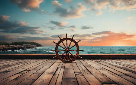 Wooden steering wheel on the pier. Sea and sky background.の素材