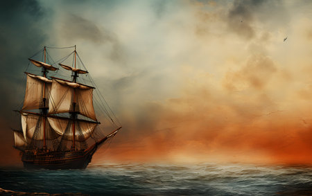 Wooden steering wheel on the deck of a sailing ship against the background of the sea and skyの素材