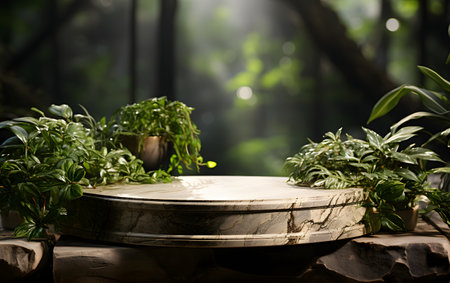 Wooden table and plants in the forest. Selective focus.の素材