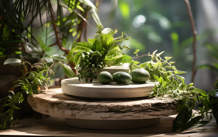 Easter composition with green plants and eggs on wooden stand in sunlightの素材