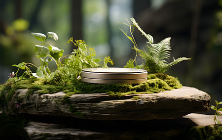 3d render of podium for product display with green moss. natural backgroundの素材