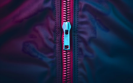 Zipper on a blue background. Close-up of zipper.の素材
