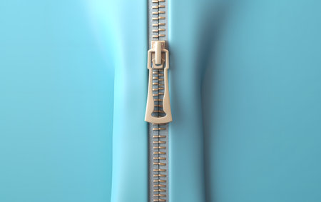 3d illustration of metal zipper over blue background with copy space.の素材