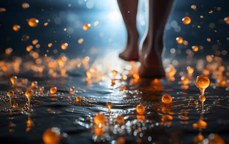 Conceptual image of human legs in water with splashes and dropsの素材