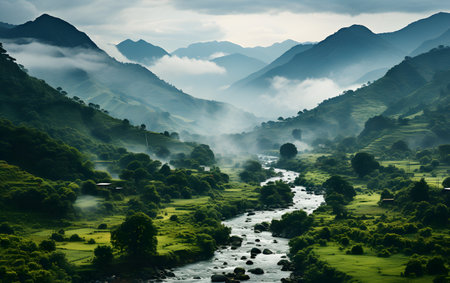 Mountain landscape with river and mist in morning, Sri Lanka.の素材