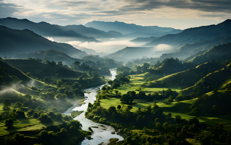 Beautiful landscape of mountain and river in the morning,Thailandの素材