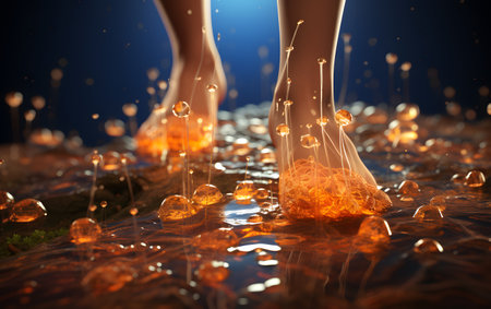 3d render of woman legs in water with drops of water.の素材