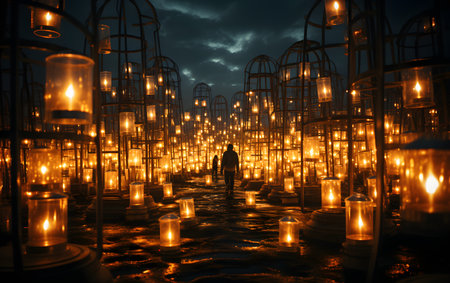 Candles in the shape of a birdcage at night.の素材