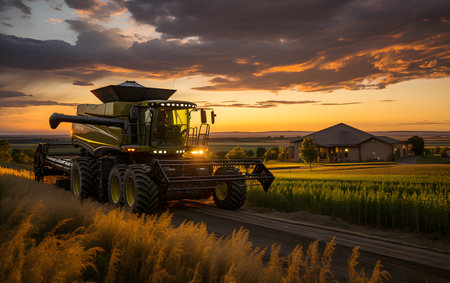 Combine harvester working on a wheat field at sunset.の素材