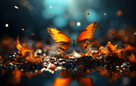 Butterfly in the water on a dark background. 3d renderingの素材