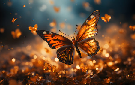 Beautiful butterfly on flower petals closeup. Nature background.の素材