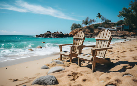 Wooden beach chairs on the beach with blue sea and sky backgroundの素材