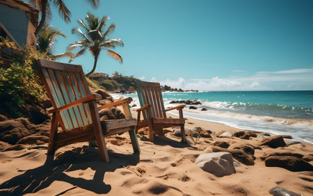 Tropical beach with two wooden chairs on the sand and palm treesの素材