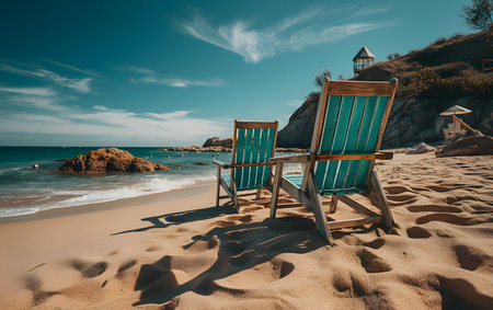 Wooden deck chairs on the sandy beach. Toned image.の素材