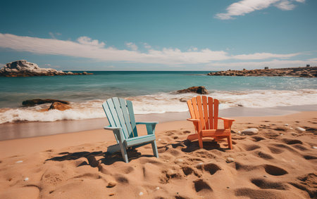 Two chairs on the sandy beach by the sea in Sardinia, Italyの素材