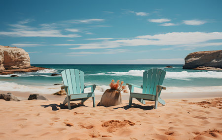 Couple of chairs on the beach. Beautiful seascape.の素材