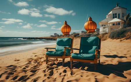 Beach chairs on the sandy beach with a lighthouse on the backgroundの素材
