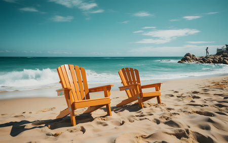 Two wooden chairs on the beach. Toned image with soft focusの素材