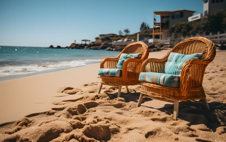 Wicker chairs on the sandy beach of the Mediterranean Sea. Summer holiday conceptの素材