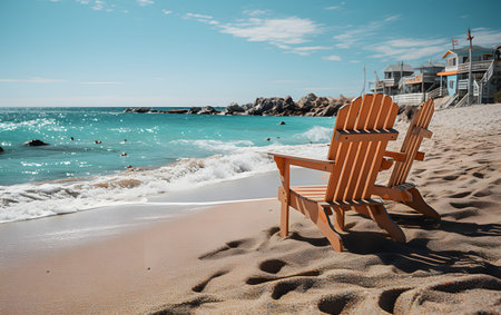 Wooden deck chair on the beach in Tenerife, Spainの素材