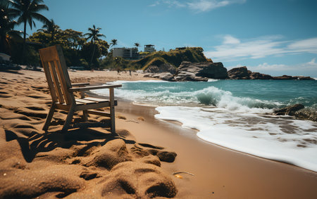 Wooden chair on the sand beach with sea and blue sky backgroundの素材