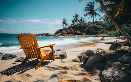 Wooden chair on the beach with palm trees in the background.の素材