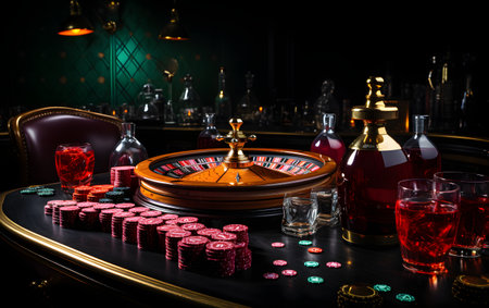 Casino roulette table with red chips and glasses of whiskey. 3d renderingの素材