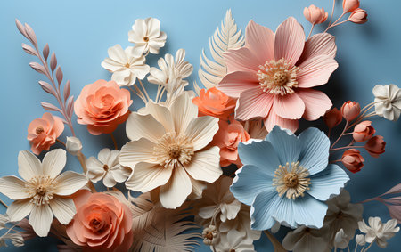 Flowers composition on blue background. Flat lay, top view.の素材