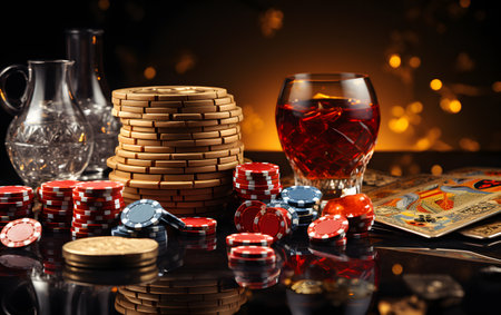 Casino gambling chips, glass of whiskey and cards on black backgroundの素材