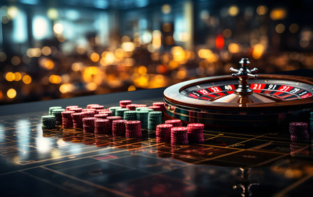 Casino roulette wheel and chips on the table. 3d renderingの素材