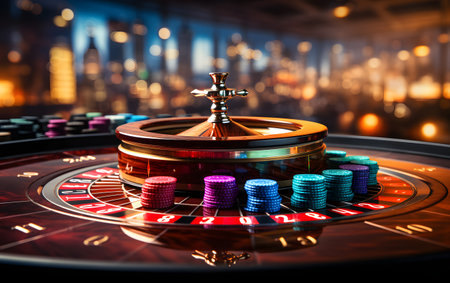 Casino roulette wheel with chips in casino. 3d renderingの素材